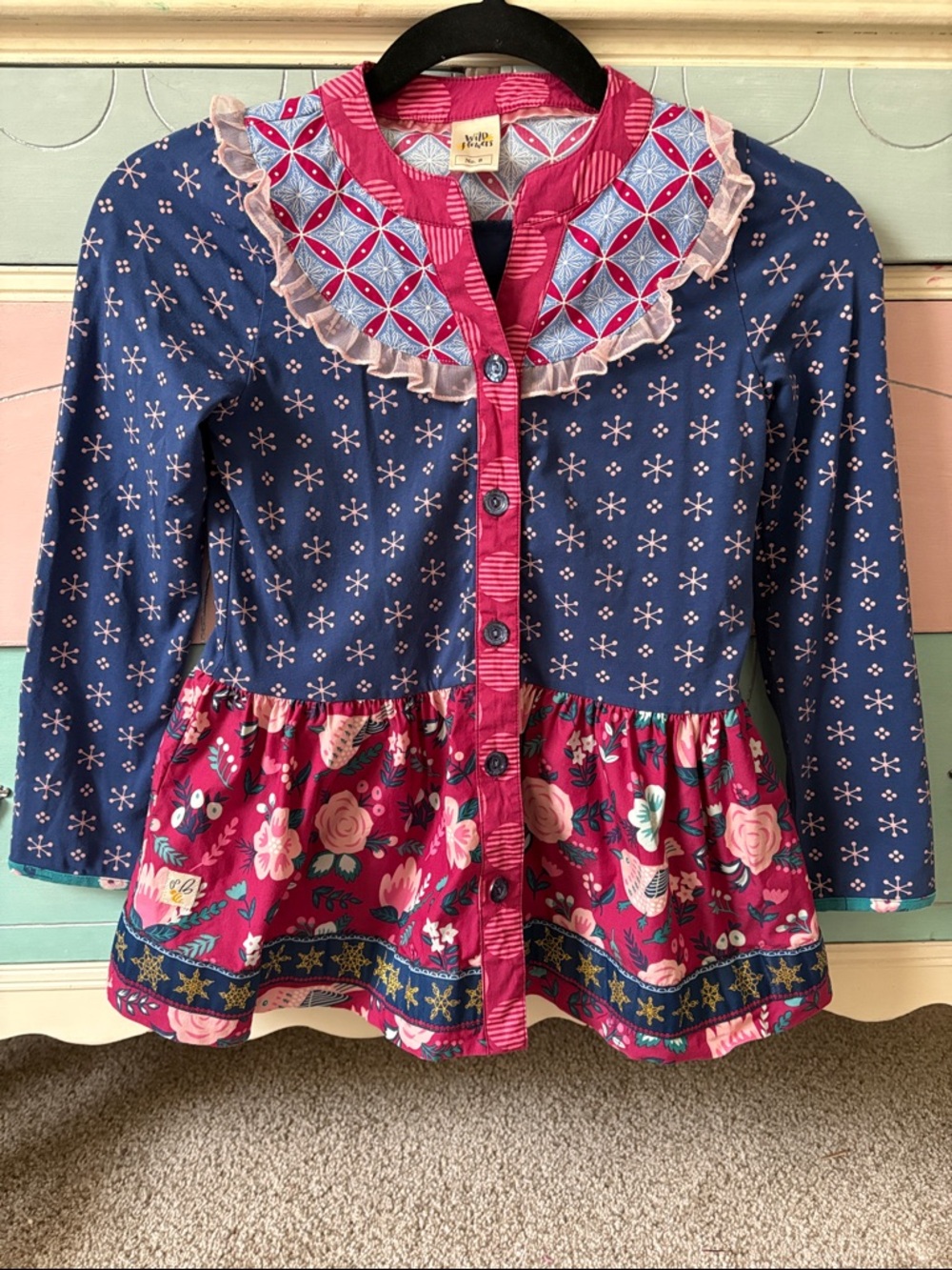 Wildflowers Navy and Magenta Mixed-Print Peplum Cardigan Top Dress